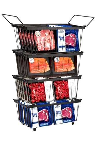 Kadrama Stackable Chest Freezer Organizer - 4 Pack Wire Metal Bins for Deep Freezer 5 - 7 Cu.FT - Sort Frozen Meats, Ice Cream