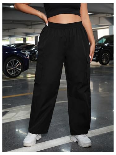 OYOANGLE Women's Plus Size High Waisted Cargo Pants Flap Pocket Straight Leg Trousers Streetwear3