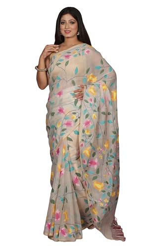 Bengal Looms India Handwoven Jangla Jaal Work Muslin Silk Dhakai Jamdani Saree for Women with Blouse Piece Tra
