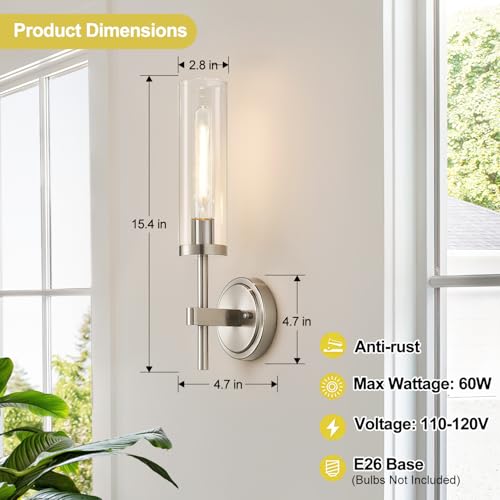 Image of MOKATNG Wall Sconces Set of Two, Brushed Nickel Bathroom Sconces with Clear Glass, Hardwired Sconces Wall Decor Set of 2, Modern Wall Light Fixtures for Bathroom Mirror Living Room Bedroom Hallway