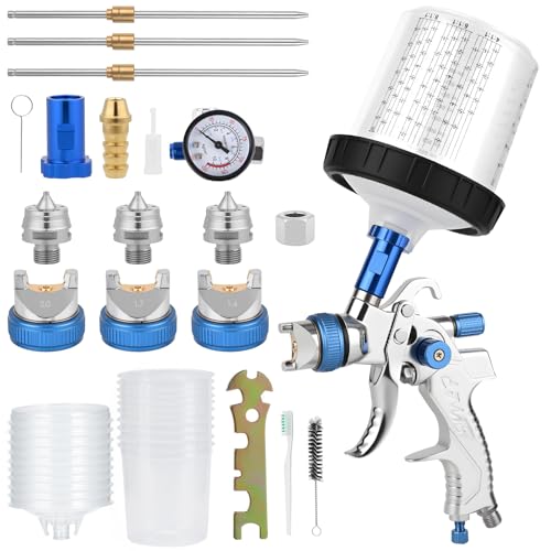 LustLocke HVLP Lackierpistole Spritzpistole Kit mit 3 Düsen (1,4/1,7/2,0 mm), 10 Stück 600ml Plastikbechern & 10 Deckeln – Profi Lackierpistole Druckluft mit einstellbarem Luftdruck & Fluss