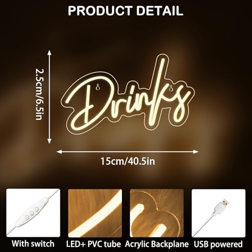 Image of Looklight Drinks Neon Sign,Letters Bar Neon Light,Led Neon Signs for Wall Decor,Warm White Neon Light Sign,USB Light Up Sign for Kitchen Restaurant Bar Cart Accessories Christmas