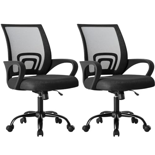 OLIXIS Office Desk Chair - Ergonomic Mid Back with Lumbar Support & Rocking Mode Height Adjustable with Fixed Armrest for Home Computer Gaming Conference Meeting 360 Swivel Black 2 Pack