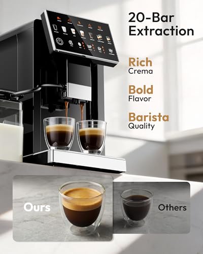 Image of Automatic Espresso Machine, 20 Bar Coffee Maker with Grinder Built in Milk Frother, 15-Grind Settings Fully Automatic Espresso Machine with Touch Screen, Auto Self-Cleaning for Cappuccino & Latte