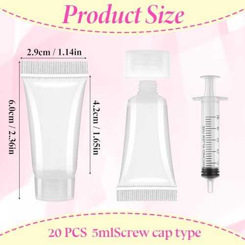 Refillable Empty Tubes Bottles, 20 Pcs 5ml Portable Travel Tubes with Syringes Clear Refillable Toothpaste Tubes Soft Squeezable Containers for Sample Shampoo Makeup Facial Cleanser Lip Gloss3