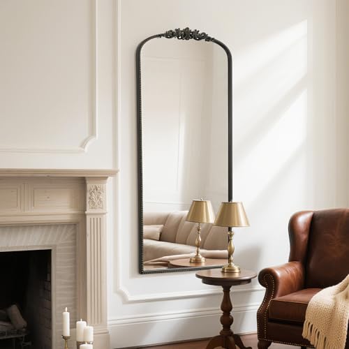 Image of WallBeyond Arched Full Length Mirror Wall Mounted, 21x56 Inch Black Antique Mirror, Vintage Metal Frame Full Body Mirro for Bedroom, Living Room, Hanging or Leaning