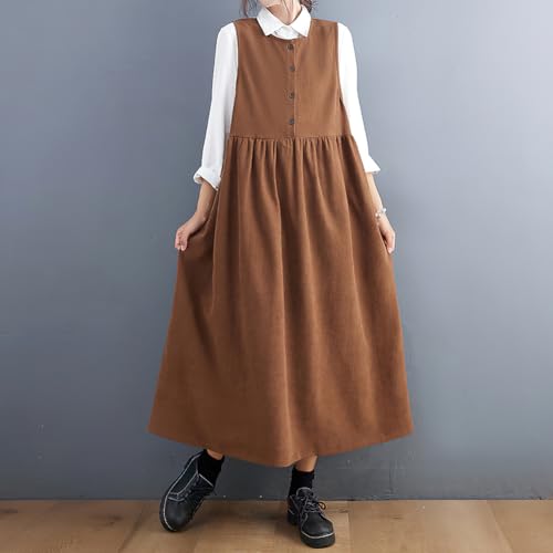 chouyatou Women's Cute Sleeveless Corduroy Overall Dress Jumper Midi Babydoll Tank Dress with Pockets4