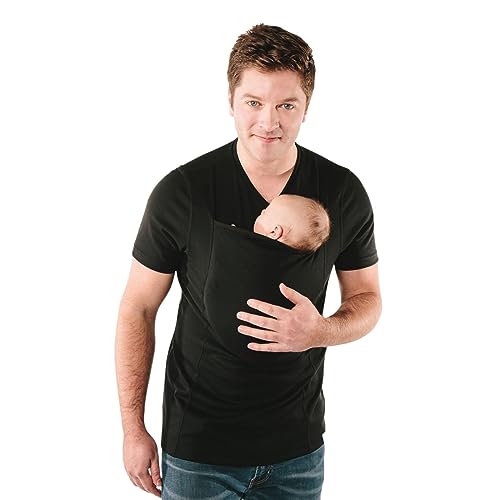 Image of Mens Baby Carrier Shirt Dad Kangaroo T-Shirt V Neck Short Sleeve T-Shirts Breathable Cotton Kangaroo Shirt for Dad and Baby-Black,XL