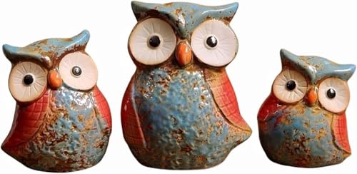 フクロウ 置物 ガーデン オブジェ かわいい フクロウ 親子セット 不苦労 風水 開運 陶器 招福小物 動物 置物 リアル ミニ 縁起がいい 車飾り マスコット インテリア 元気 ふくろう プレゼント 卓上 玄関 屋外 装飾 3点セット (A)