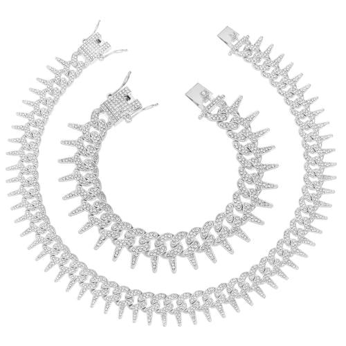 HH BLING EMPIRE Mens Gold Silver Plated Spike Cuban Link Chain Necklace and Bracelet Sets, Chunky Iced Out Diamond Miami Cuban Link Chains Hip Hop Jewelry