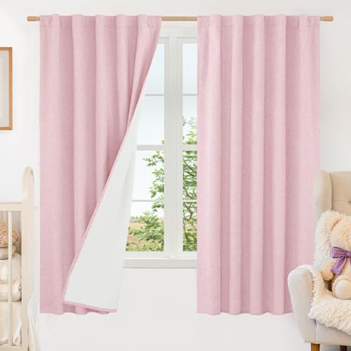 LAMIT Pink 100% Blackout Linen Curtains 63 Inches 2 Panels with White Liner
