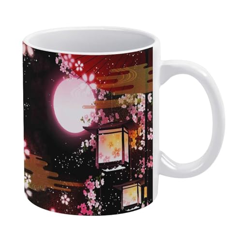 マグカップ おしゃれ 和風 桜 満月 灯籠 コーヒーカップ 陶器 丈夫 マグ カップ 食器 直径8.2×高さ9.6cm 330ml 軽い 気軽に使える コーヒーマグ インテリア アウトドア 綺麗 ジュース お茶 新生活 雑貨 台所 飲食店 家庭用 かわいい