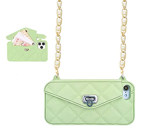 UnnFiko Wallet Case Compatible with iPhone 6 / 6s, Purse Flip Card Holder Soft Silicone Case Cover with Handstrap & Long Pearl Crossbody Chain (Green, iPhone 6 / 6s)