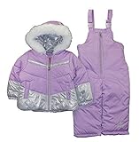 London Fog Girls' Two-Piece Winter Snowsuit Skibib and Fleece Lined Puffer Jacket, Violet Silver Foil, 5/6
