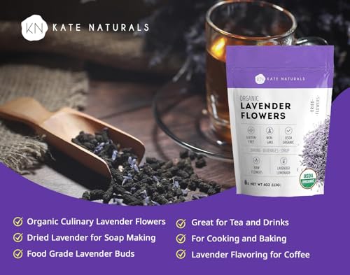 Kate Naturals Dried Lavender Flowers for Tea, Syrup, Lemonade, Soap Making. Edible Culinary Grade Buds (4oz, Organic, Food Grade)