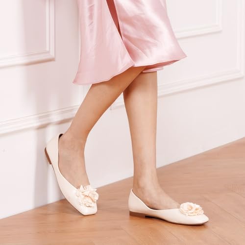 Image of C.Paravano Ballet Flats for Women | Women's Flats | Square Toe | Slip On Dress Shoes | Satin Flower Shoes
