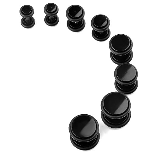 Piercingj 8Pcs Acrylic Barbell Stud Earring With O-Ring Fake Illusion Plug Gauge Kit 6G-00G Look Black (2 "Plugs" Of Each Size Total 8 Pcs) #TOP1