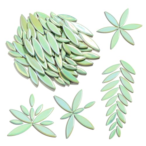 Yoption Petal Mosaic Tiles for Crafts, 200g Flower Leaf Ceramic Tiles Pieces for Mosaic Craft Supplies, DIY Outdoor Decor (Iridescent Green)
