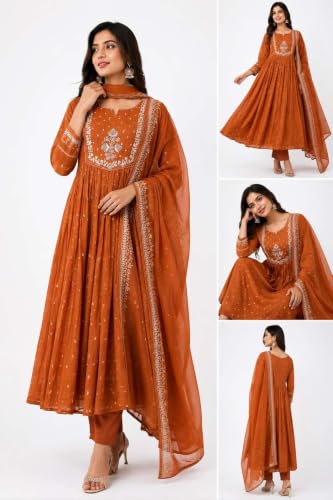 Image of Women's Cotton Embroidery Anarkali Kurti and Pant with Dupatta Set