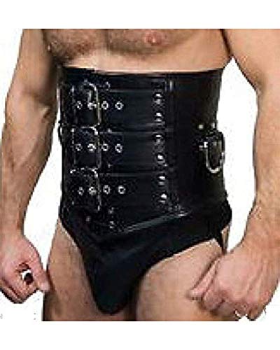 Men’s Real Black Leather Corset Cincher – Heavy Duty Steel Boned Waist Trainer Belt with Buckles & D-Rings (MCOR1)