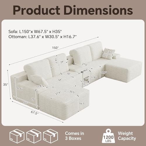 Image of 150 inch Oversized U-Shaped Modular Sectional Sofa | Multi Functional Console,Wireless Charging,6-Seater Upholstered Couch with USB and 2 Cup Holder,Easy Assembly,for Living Room