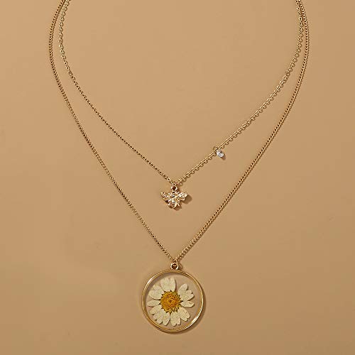 Koedln Double Layers Daisy Bee Pendant Necklace Dried Flowers Resin Sunflower Collar Necklace For Women Girls #TOP5