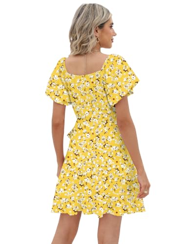 Image of Sampeel Womens Summer Dresses Square Neck Puff Sleeve Tie Waist Short Dress