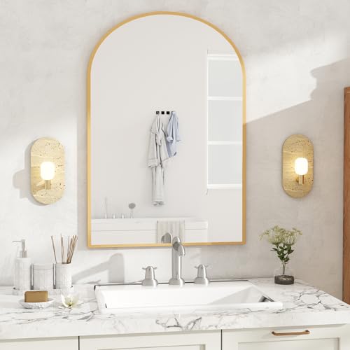 DUMOS Gold Metal Arch Vanity Rounded Rectangle Bathroom Mirrors for Over Sink Wall, 26x38 Inch Large Matte Mirror, Modern Decorative for Restroom, Farmhouse