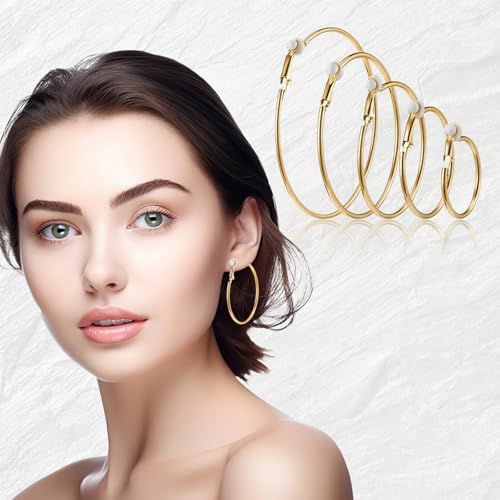 5 Pairs Stainless Steel Clip on Earrings Hoop Stylish Simple Hoop Earrings 30/40/50/60/70mm for Women Thin Lightweight Dangle Set,(Gold) by Xyembu - Image 6