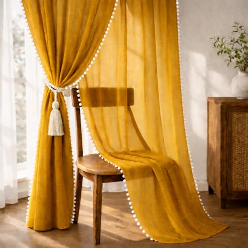 Image of THE LINEN COMPANY Sheer Curtains Cotton Curtains with Pom Pom Lace Rod Pocket Window Curtains Light Filtering Transparent Net Curtains for Window Curtains Mustard 7 Ft Pack of 2