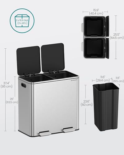 Songmics ULTB730E80 Trash Can, 2 X 10.6 Gallon (2 X 40 L) Garbage Can For Kitchen, With 15 Trash Bags, 2 Compartments thumb #6