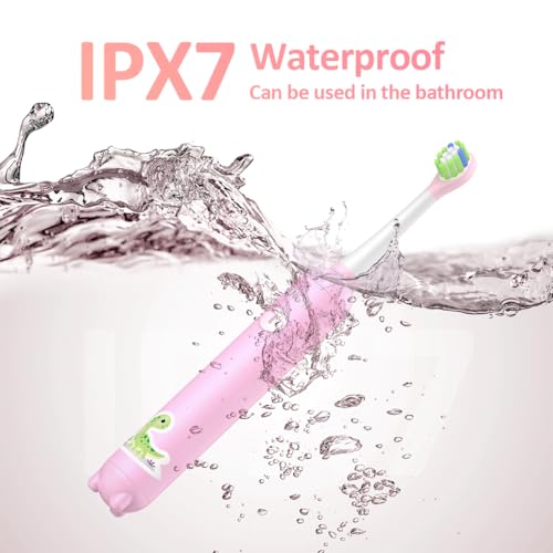 YUNCHI Kids Electric Toothbrush, Rechargeable Kids Toothbrushes with Timer, lPX7 Waterproof Toddler Toothbrush Funny DIY Stickers with 4 Brush Head Tooth Brush K5 (Pink) - Image 3