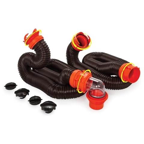Camco RhinoFLEX 20-Ft Camper/RV Sewer Hose Kit - Features Clear Elbow Fitting w/Removable 4-in-1 Adapter - Connects to 3” Slip or 3”/3.5”/4” NPT Threaded Sewer Connection (39742) Cover