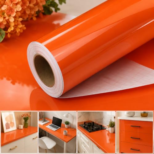 Image of Vinyl Contact Paper Decorative for Cabinets Countertops Kitchen Shelves Liner Self Adhesive Film Peel and Stick Waterproof Removable Wallpaper (Inches 24 x 72, Glossy Orange)