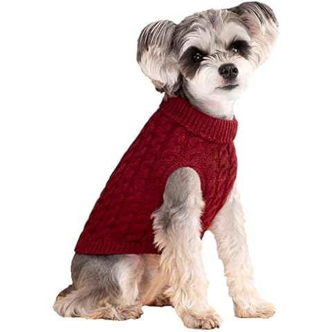 Small Dog Pullover Sweater, Cold Weather Cable Knitwear, Classic Turtleneck Thick Warm Clothes for Chihuahua, Bulldog, Dachshund, Pug, Yorkie (Red, X-Small) Cover