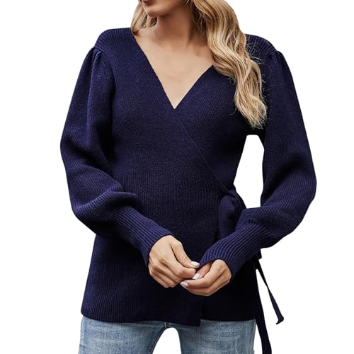 Pull cache-cœur tendance pour femme - Col en V - Nœud latéral - Uni - Élégant - Côtelé, noir foncé, S