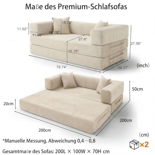 Vipbear 200cm Modulares Sofa, aus Hochwertiges Cord mit Hochdichter Schaumstoff, 5-in-1 Umwandelbares Vielseitig 3-Sitzer Schlafsofa für… – Ansicht 2