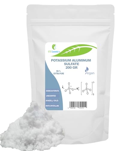 Cristales de Sulfato de Aluminio y Potasio Extra Puros al 99% o más (Potassium alum sulfate) - 200 gr - Uso Cosmético y de Cuidado Personal, Purificación de Agua, Mordiente para Textiles y Telas
