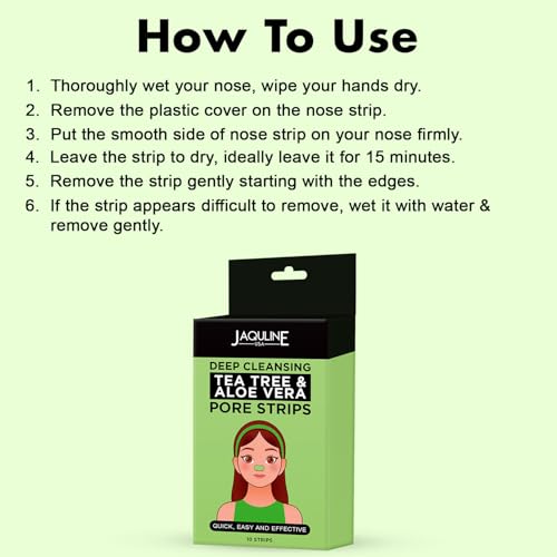 Image of JAQULINE USA Deep Cleansing Tea Tree & Aloe Vera Nose Pore Strip | Removes Blackheads Whiteheads Dirt and Oil | Unclogs Pores | Refreshes and Cleans Skin | Gentle Effective Formula - 10 Strips