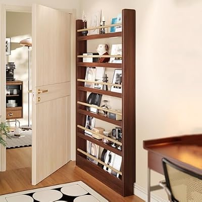 YPIEZI 6-Tier Behind The Door Bookshelf, Wooden Bookcases with Crossbars, Pre-Installed Baseboard, Space-Saving Organizer Storage for Bedroom Living Room Entrance(B,50cm)