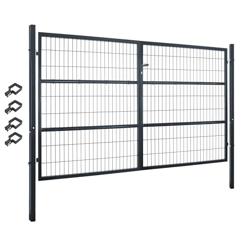 V2Aox Gartentor Tor Gartenzaun Zaun 300x160 cm Doppelflügelig Gartentür aus Metall für Stabmattenzaun Abschließbar inkl. Pfosten Grau