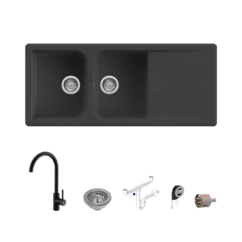 Set Lavello Prime 116 116×50 Nero Granito e Miscelatore First Monocomando Canna Girevole Nero Quareco