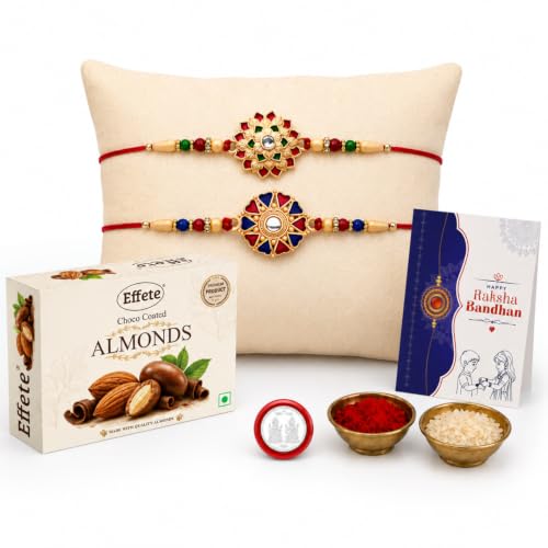 Image of DeoDap Chocolate with Rakhi Set for Brother - Golden & Siler Color Multi Design Rakhi set of 2 with Choco Coated Butterscotch (32 GM), Silver Color Coin & Greeting Card, Raksha Bandhan Combo for Bhai