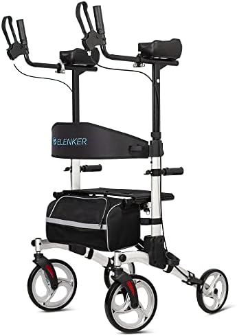ELENKER Upright Walker, Stand Up Folding Rollator Walker with 10” Front Wheels Backrest Seat and Padded Armrests for Seniors and Adults, Silver