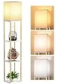 Floor Lamp with Shelves, Modern Corner Display Standing Column Shelf Lamp Etagere Organizer Tower Nightstand with White Linen Shade for Living Room, Bedroom and Office, Marble White and Gold Poles