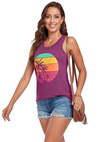 Regata feminina com costas nadador para o verão, sem mangas, gola redonda e estampa casual, Pôr do s