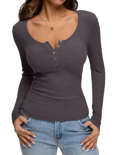 REORIA Women's 2025 Fall Long Sleeve Henley T Shirts Button Ribbed Knit Slim Fit Casual Basic Tops Blouse Smoke Grey Small