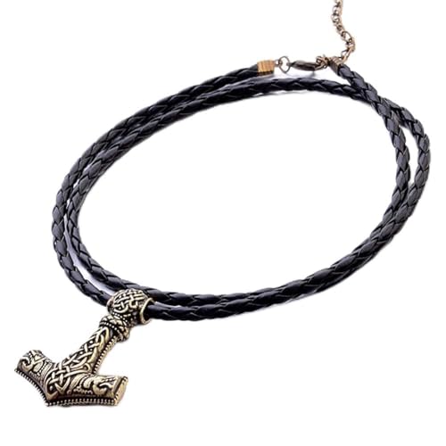 Collares colgantes hombres, collar vintage vikingo actualización martillo de Thor vikingo collar de acero inoxidable tejido a mano cordón de cuero negro niños y niñas nórdicos/oro