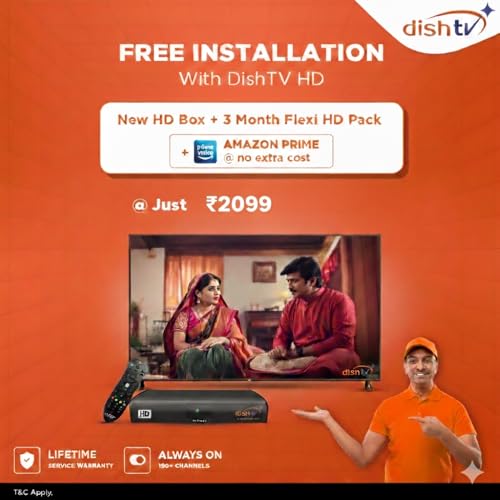 Image of Dish TV HD Set Top Box | DTH Connection | 3 Months Flexi HD Pack | + Prime Lite | 5 HD Channel As Per Choice | 190+ Channels Free for 4 Years | Free Installation & Service (Gujarati HD Pack)