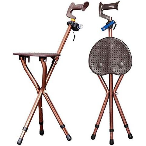 YUNSHINE Folding Cane Seat 400 lbs Capacity 3 Legs Adjustable Height Walking Stick Tall with LED Light Unisex for Elderly Brown Cover